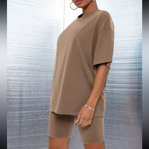 Tan / brown Oversized tee shirt and biker shorts matching set - Picture 4 of 8